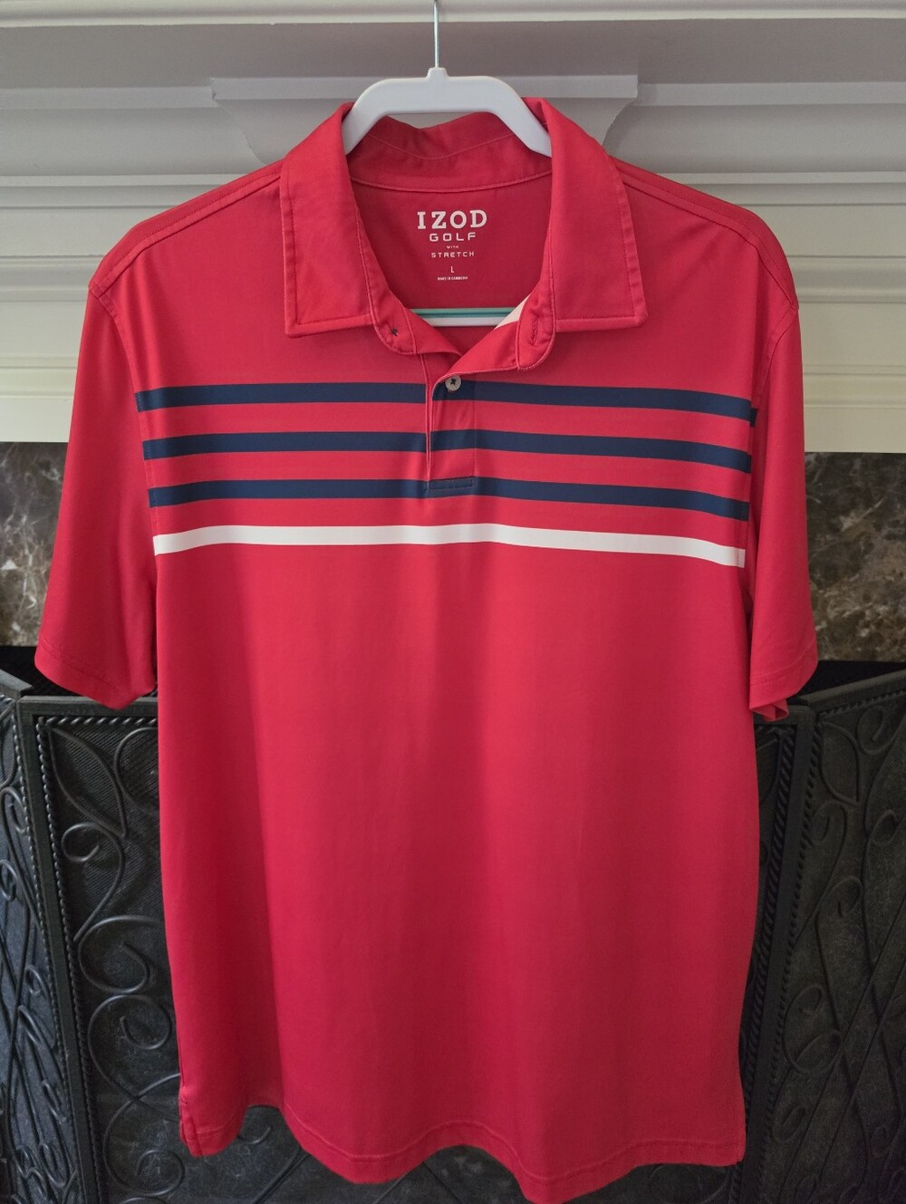 Izod GOLF Red Polo with Navy and White Chest Stripes